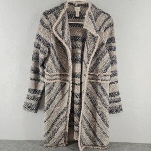 Chicos Neutral Striped‎ Fringed Open Front Knit Cardigan Jacket Womens Size 1 M